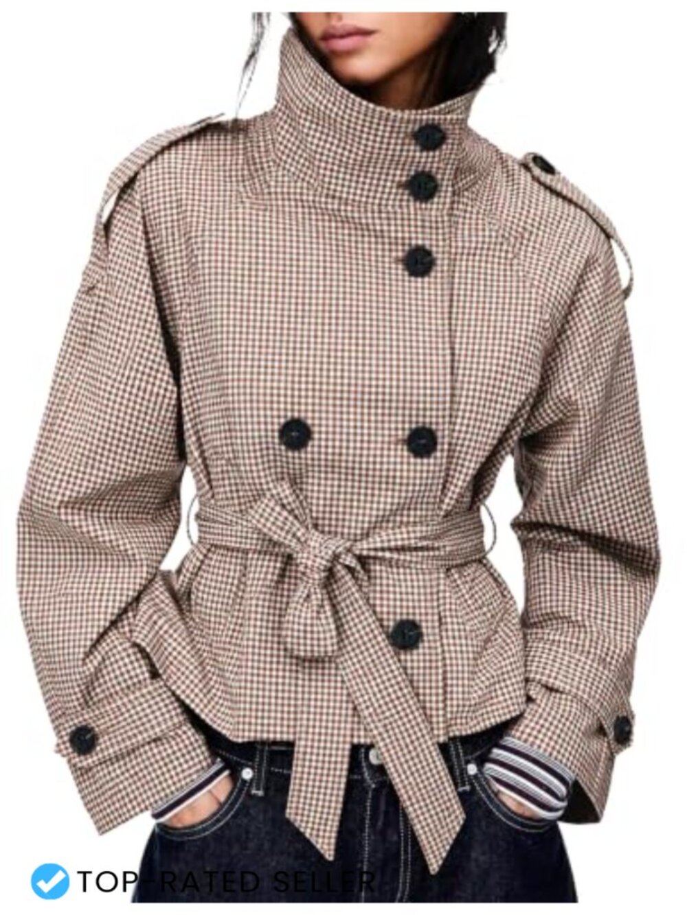 Women's Gingham Trench Coat Double Breasted Short Jacket Belted